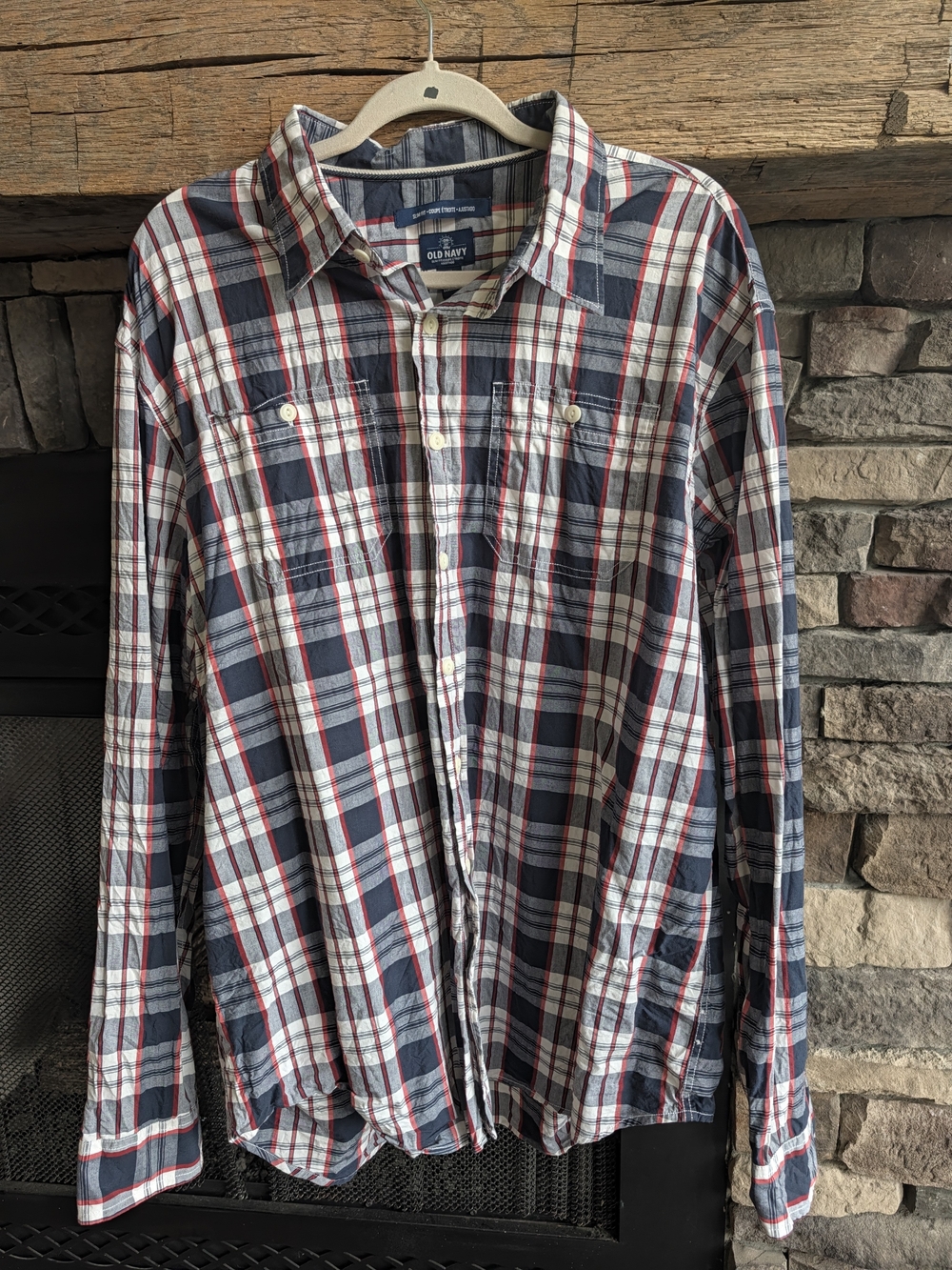 Old Navy Men's Blue, White & Red Plaid Button-Down Shirt Slim Fit Size Xxl